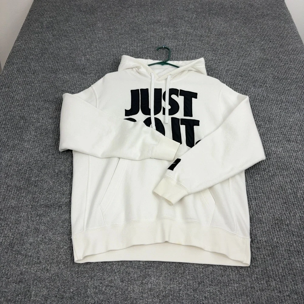 Nike Hoodie Mens M White Cotton Just Do‎ It Graphic Fleece Pullover Streetwear